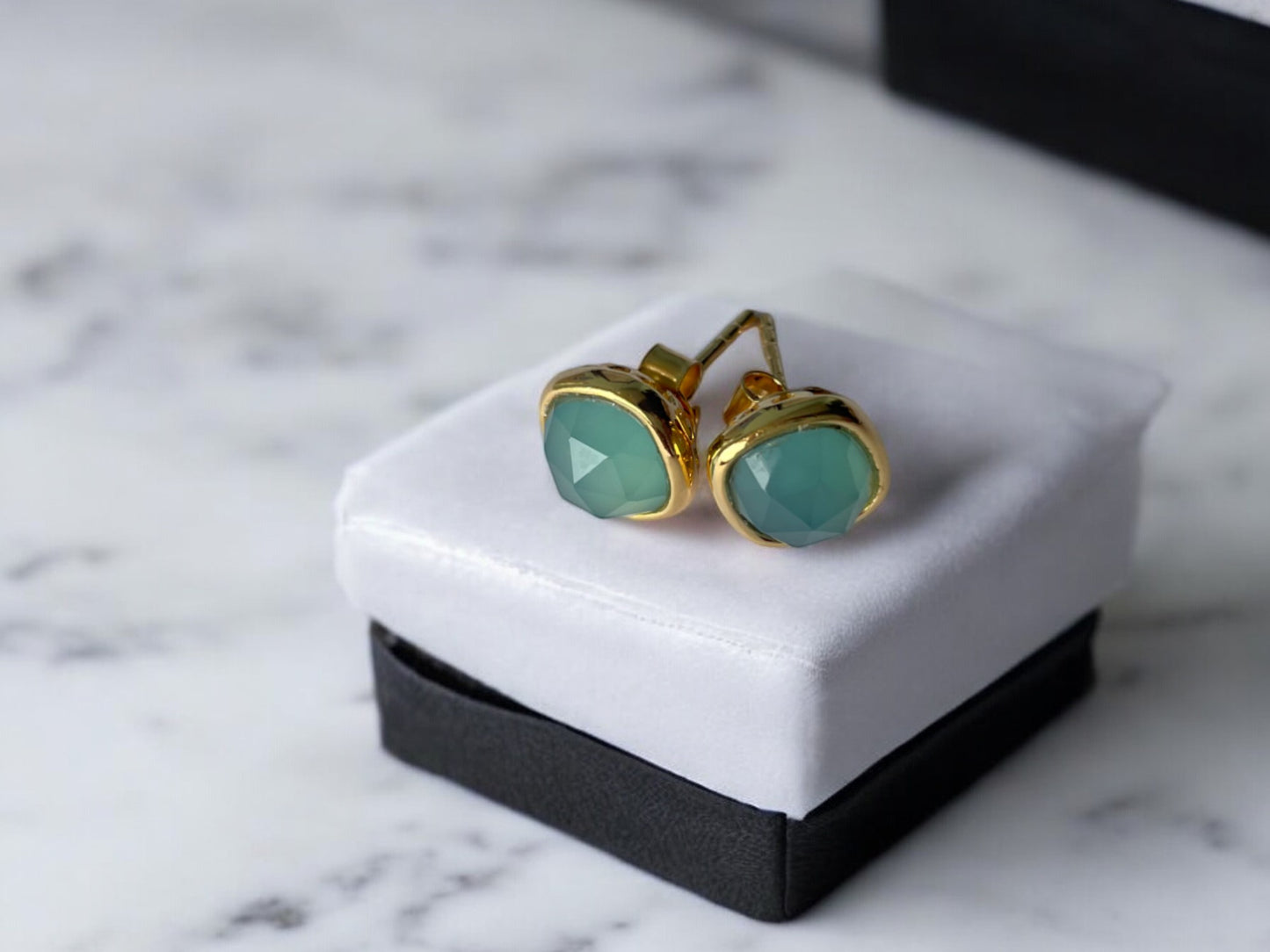 Sophisticated Gold Vermeil Aqua Chalcedony Stud Earrings (5X Gold Plated)