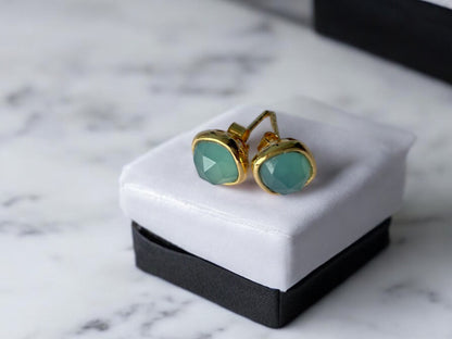 Sophisticated Gold Vermeil Aqua Chalcedony Stud Earrings (5X Gold Plated)