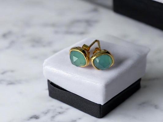 Sophisticated Gold Vermeil Aqua Chalcedony Stud Earrings (5X Gold Plated)