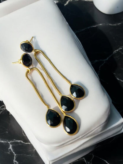 Evoque Black Onyx Long Drop Modern 18Kt Gold Vermeil Earrings (925 Silver Inside)