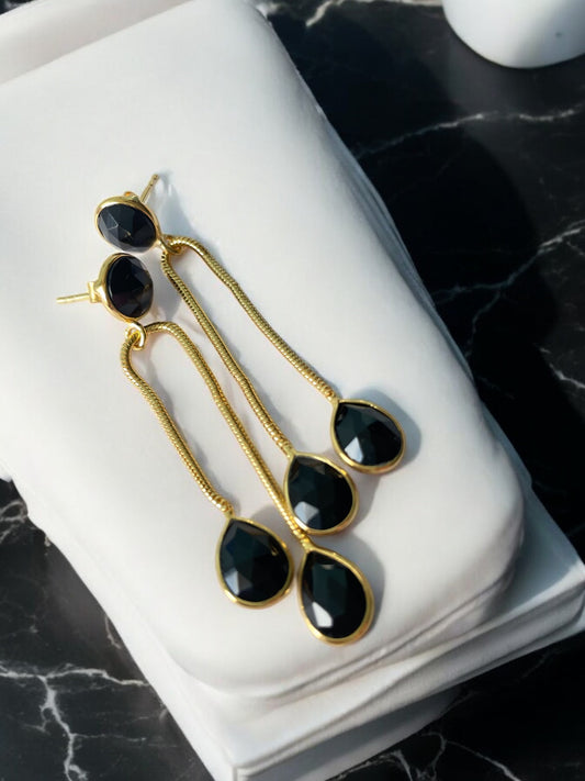 Evoque Black Onyx Long Drop Modern 18Kt Gold Vermeil Earrings (925 Silver Inside)