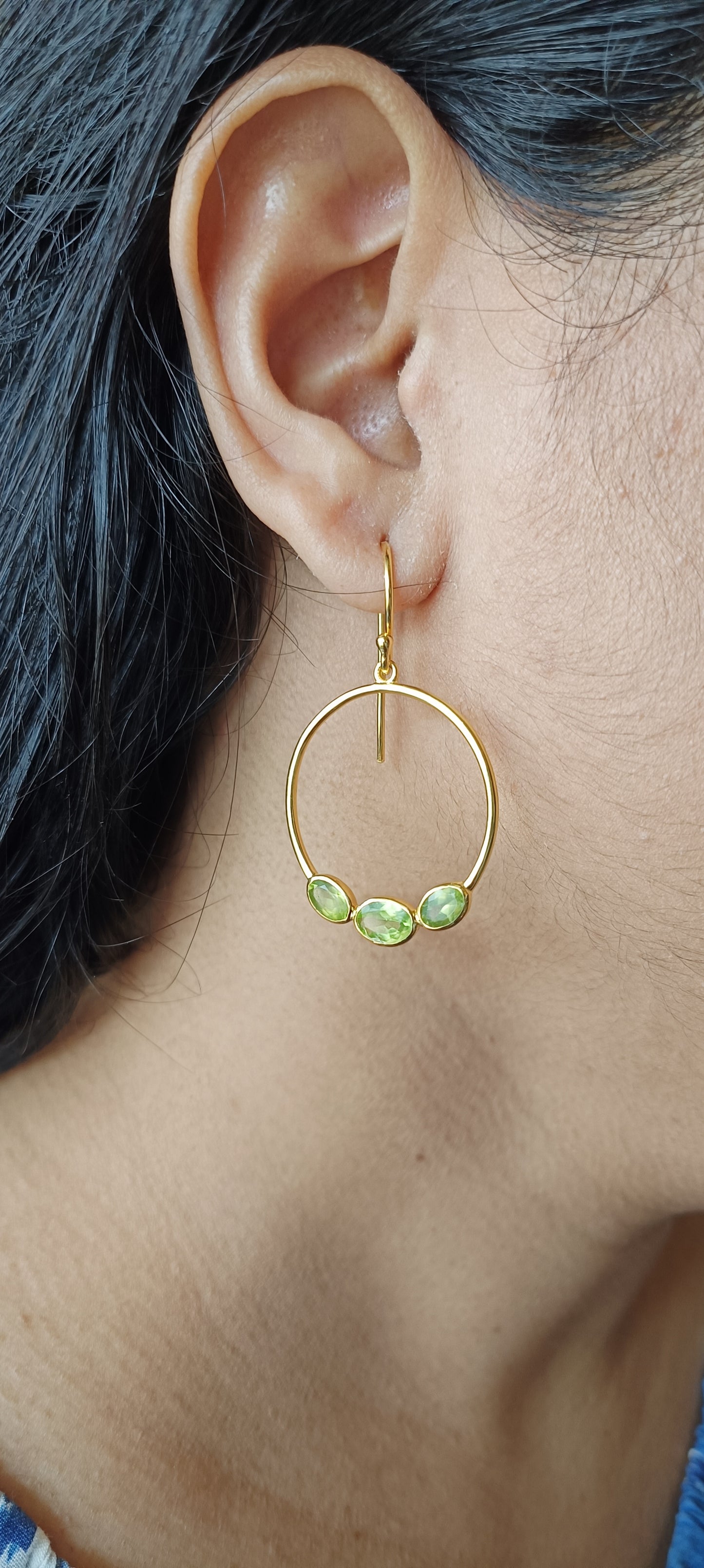 Triple Green Prehnite Hoop Gold Vermeil Earrings (5X Gold Plated)