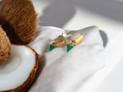 Bullet Drop Earrings in Gold Vermeil with Rose Quartz and Green Onyx