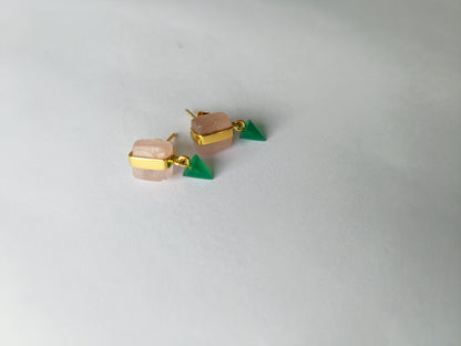 Bullet Drop Earrings in Gold Vermeil with Rose Quartz and Green Onyx