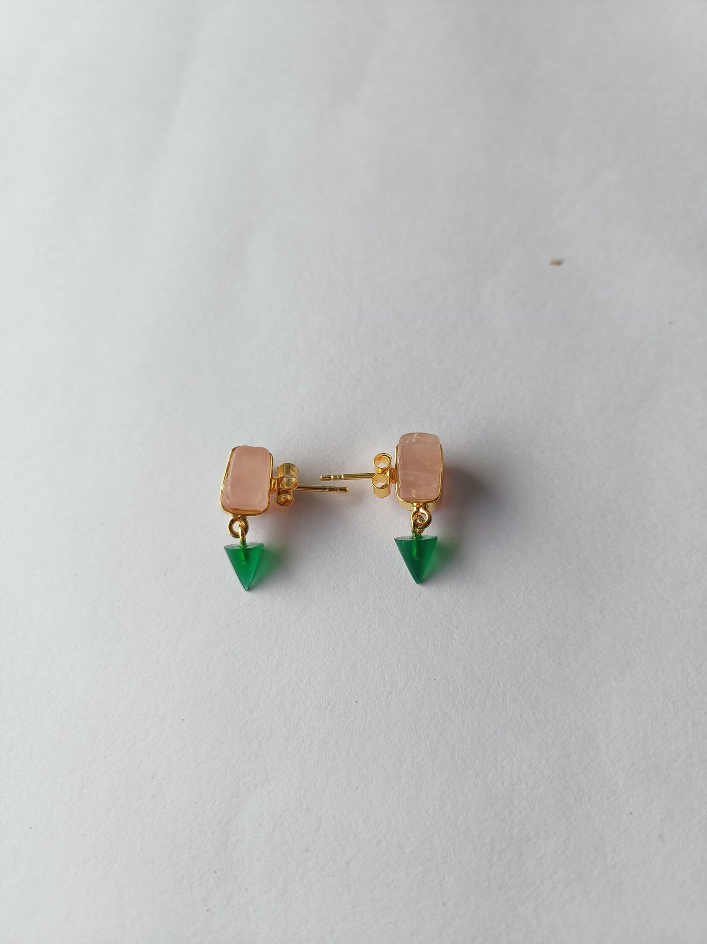 Bullet Drop Earrings in Gold Vermeil with Rose Quartz and Green Onyx