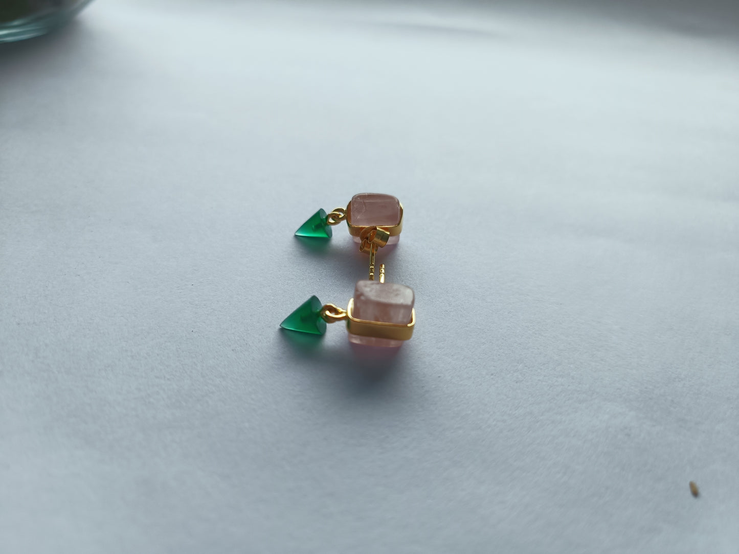 Bullet Drop Earrings in Gold Vermeil with Rose Quartz and Green Onyx
