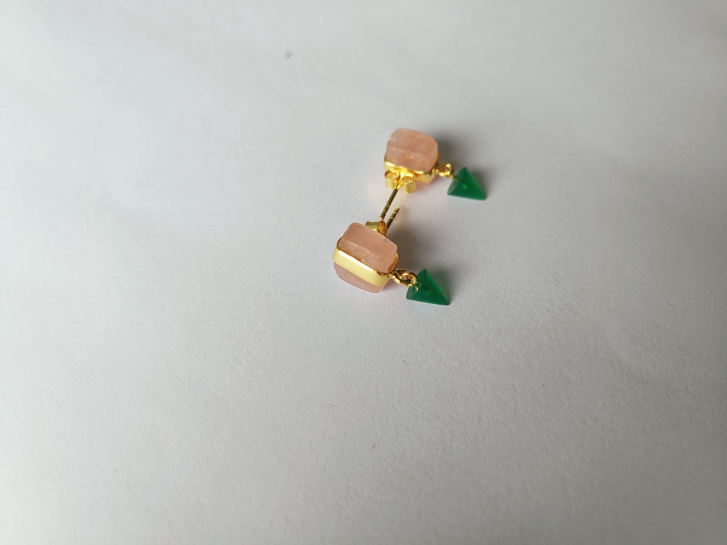 Bullet Drop Earrings in Gold Vermeil with Rose Quartz and Green Onyx