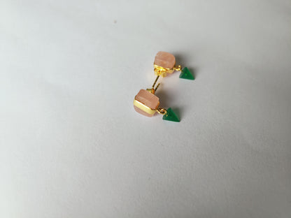 Bullet Drop Earrings in Gold Vermeil with Rose Quartz and Green Onyx