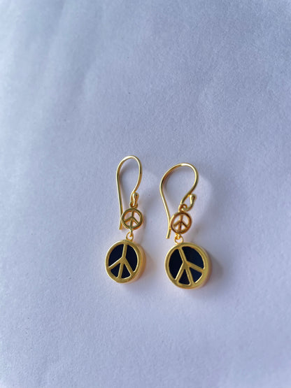 Black Onyx Peace Charm 18Kt Gold Vermeil Earrings (925 Silver Inside)