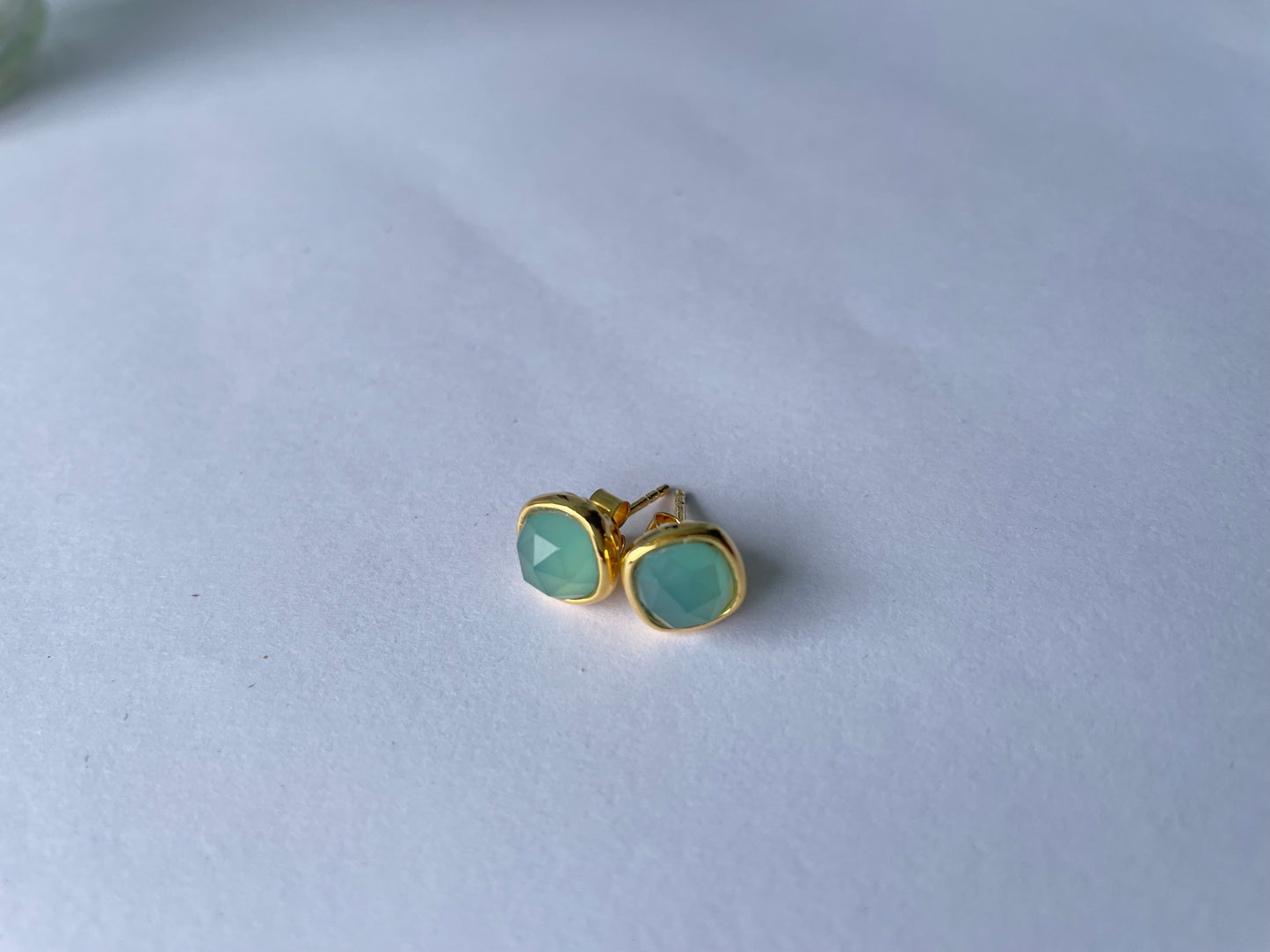 Sophisticated Gold Vermeil Aqua Chalcedony Stud Earrings (5X Gold Plated)