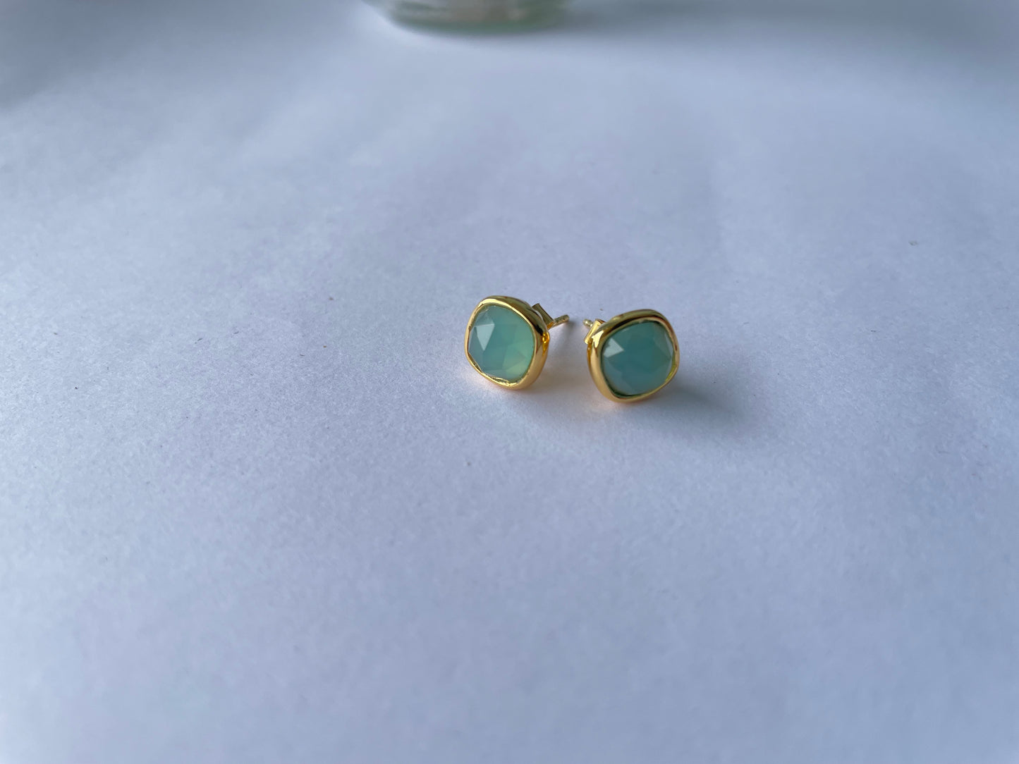 Sophisticated Gold Vermeil Aqua Chalcedony Stud Earrings (5X Gold Plated)