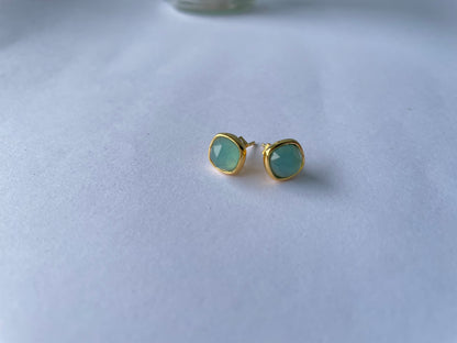 Sophisticated Gold Vermeil Aqua Chalcedony Stud Earrings (5X Gold Plated)