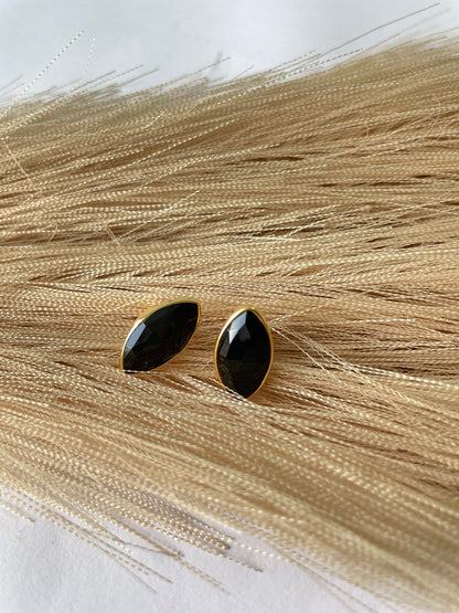 Classic Black Onyx Modern Stud Gold Vermeil Earrings (5X Gold Plated 925 Silver)
