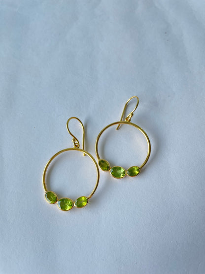 Triple Green Prehnite Hoop Gold Vermeil Earrings (5X Gold Plated)