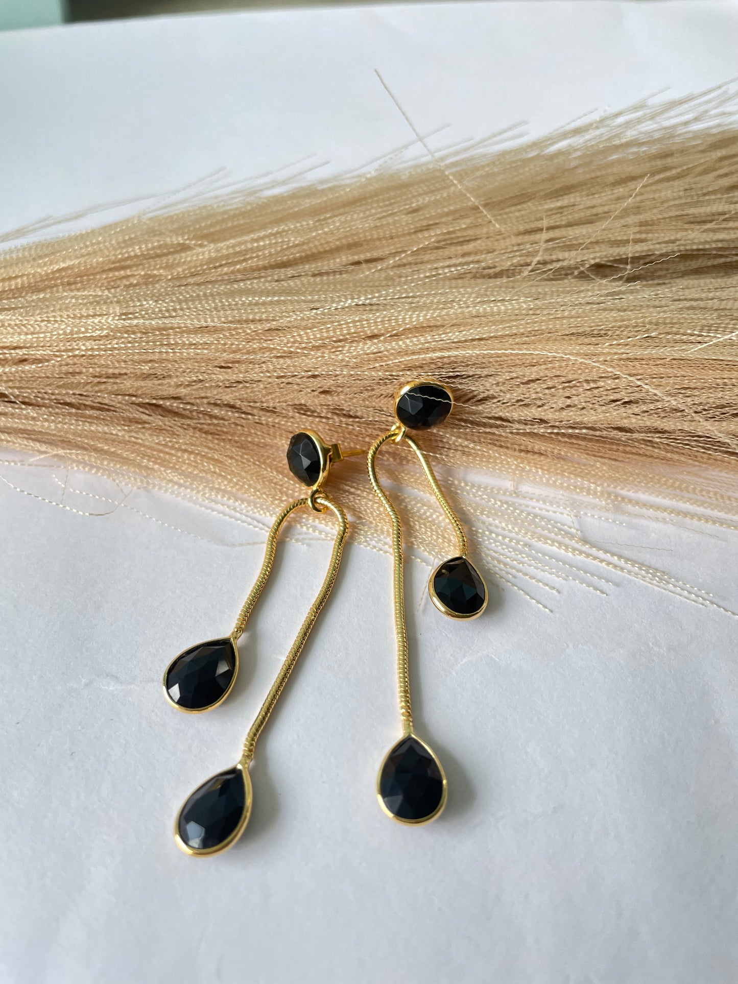 Evoque Black Onyx Long Drop Modern 18Kt Gold Vermeil Earrings (925 Silver Inside)