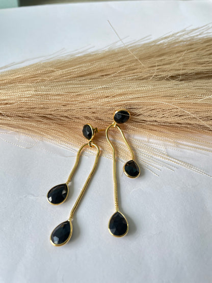 Evoque Black Onyx Long Drop Modern 18Kt Gold Vermeil Earrings (925 Silver Inside)