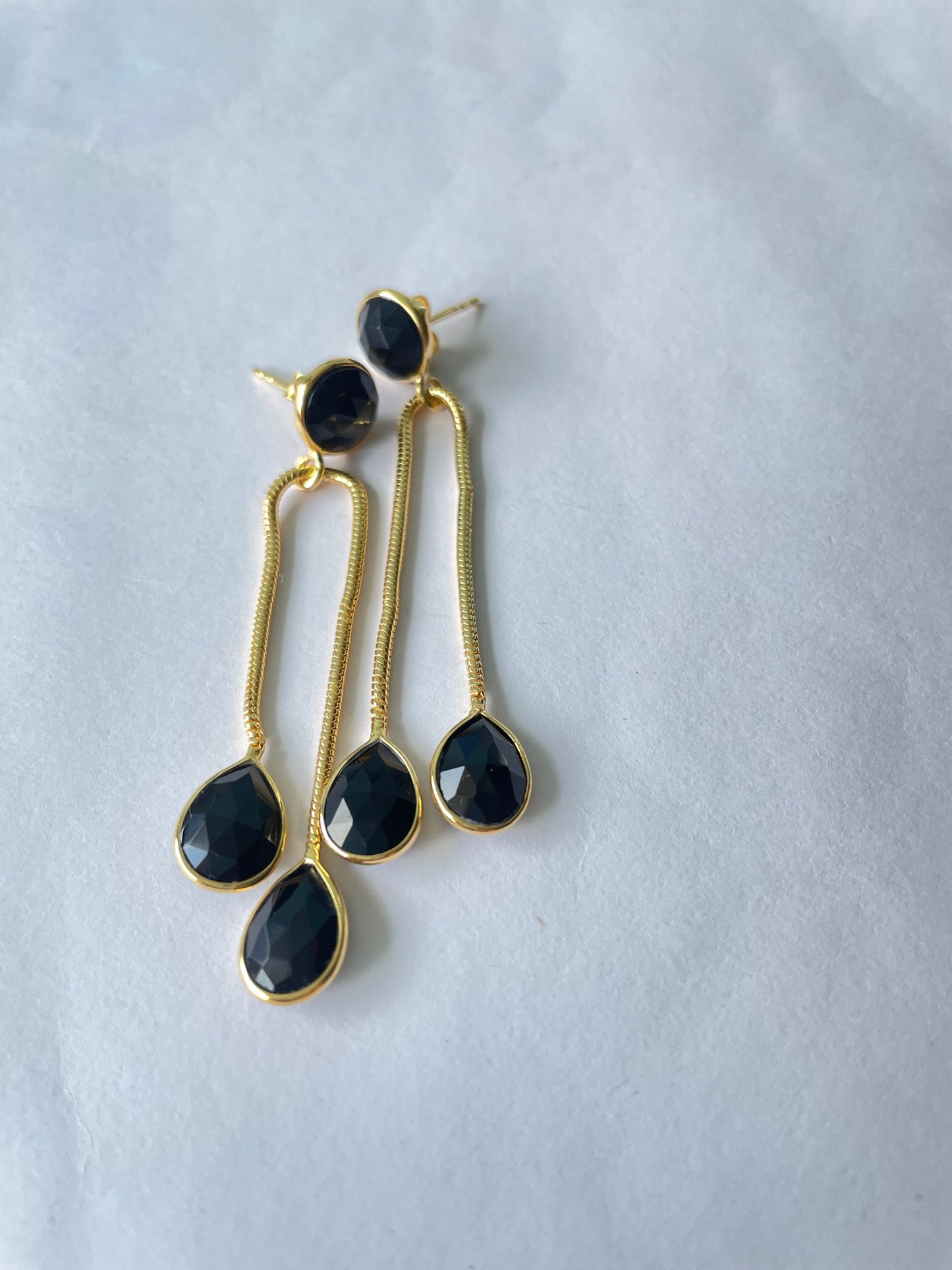 Evoque Black Onyx Long Drop Modern 18Kt Gold Vermeil Earrings (925 Silver Inside)