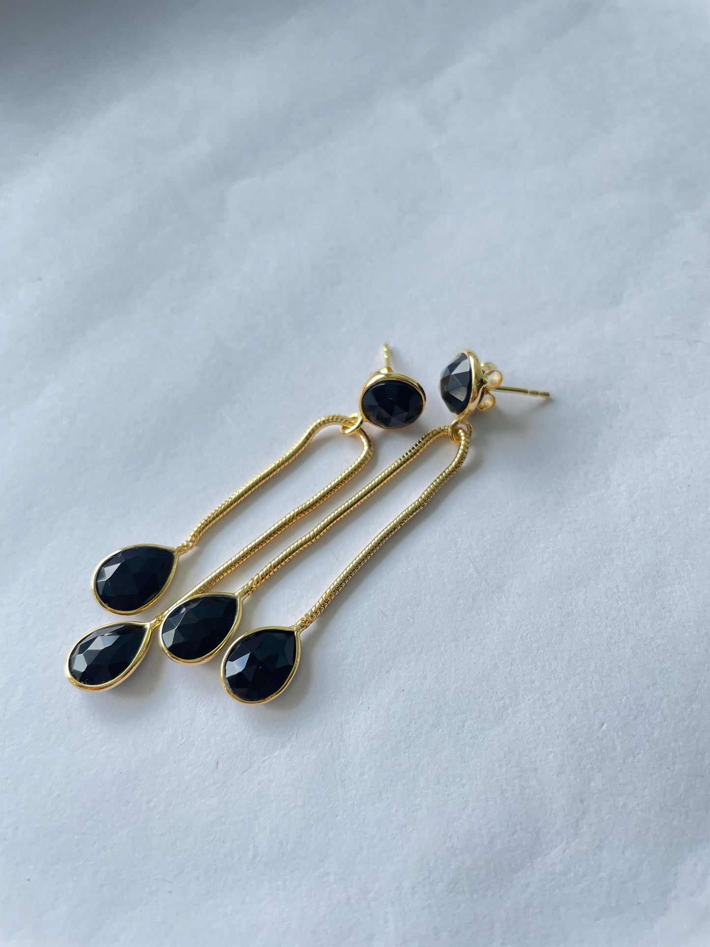 Evoque Black Onyx Long Drop Modern 18Kt Gold Vermeil Earrings (925 Silver Inside)