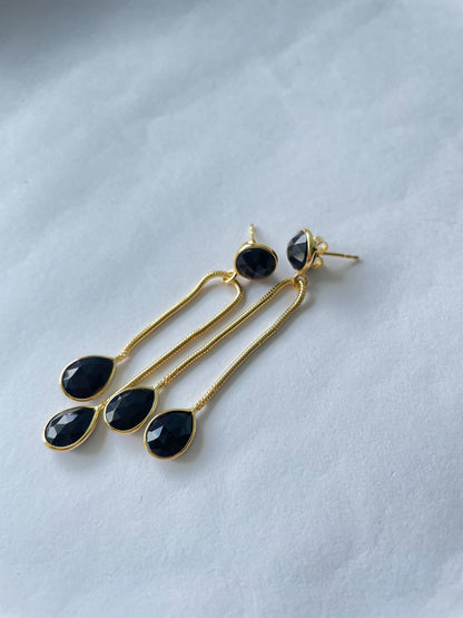 Evoque Black Onyx Long Drop Modern 18Kt Gold Vermeil Earrings (925 Silver Inside)