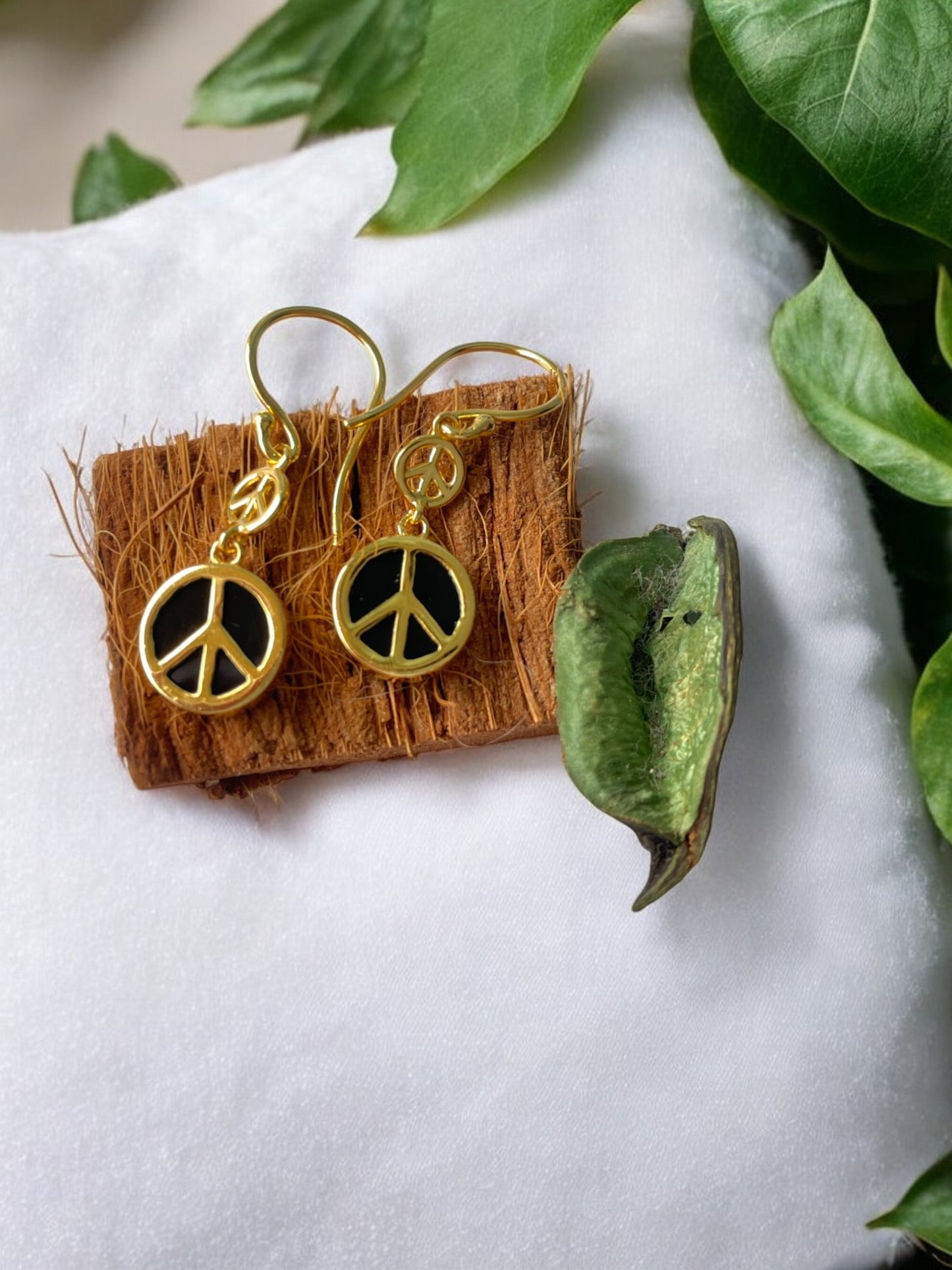 Black Onyx Peace Charm 18Kt Gold Vermeil Earrings (925 Silver Inside)