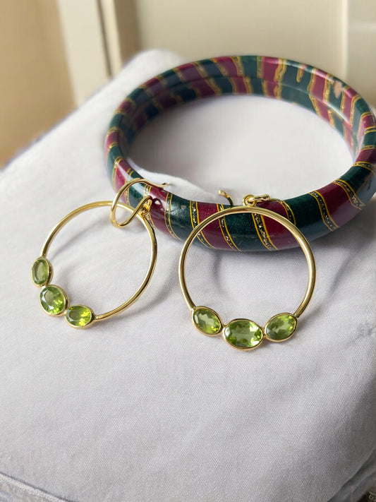 Triple Green Prehnite Hoop Gold Vermeil Earrings (5X Gold Plated)